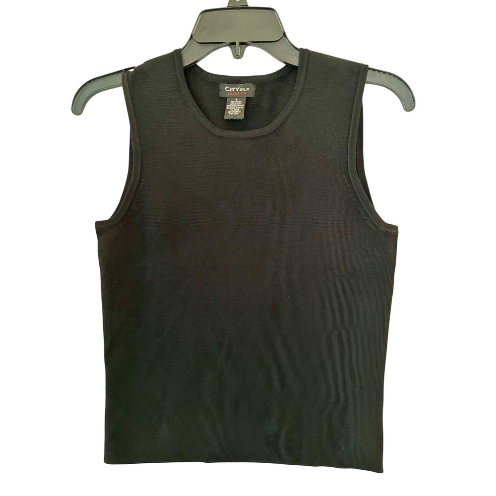 City Silk Stretch Tank Top Womens S Black Ribbed Knit Sleeveles Shell Minimalist